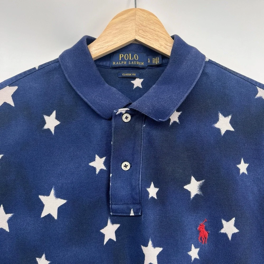 Polo Ralph Lauren Shirt Mens Large Red Blue White USA Americana Star Mesh Polo